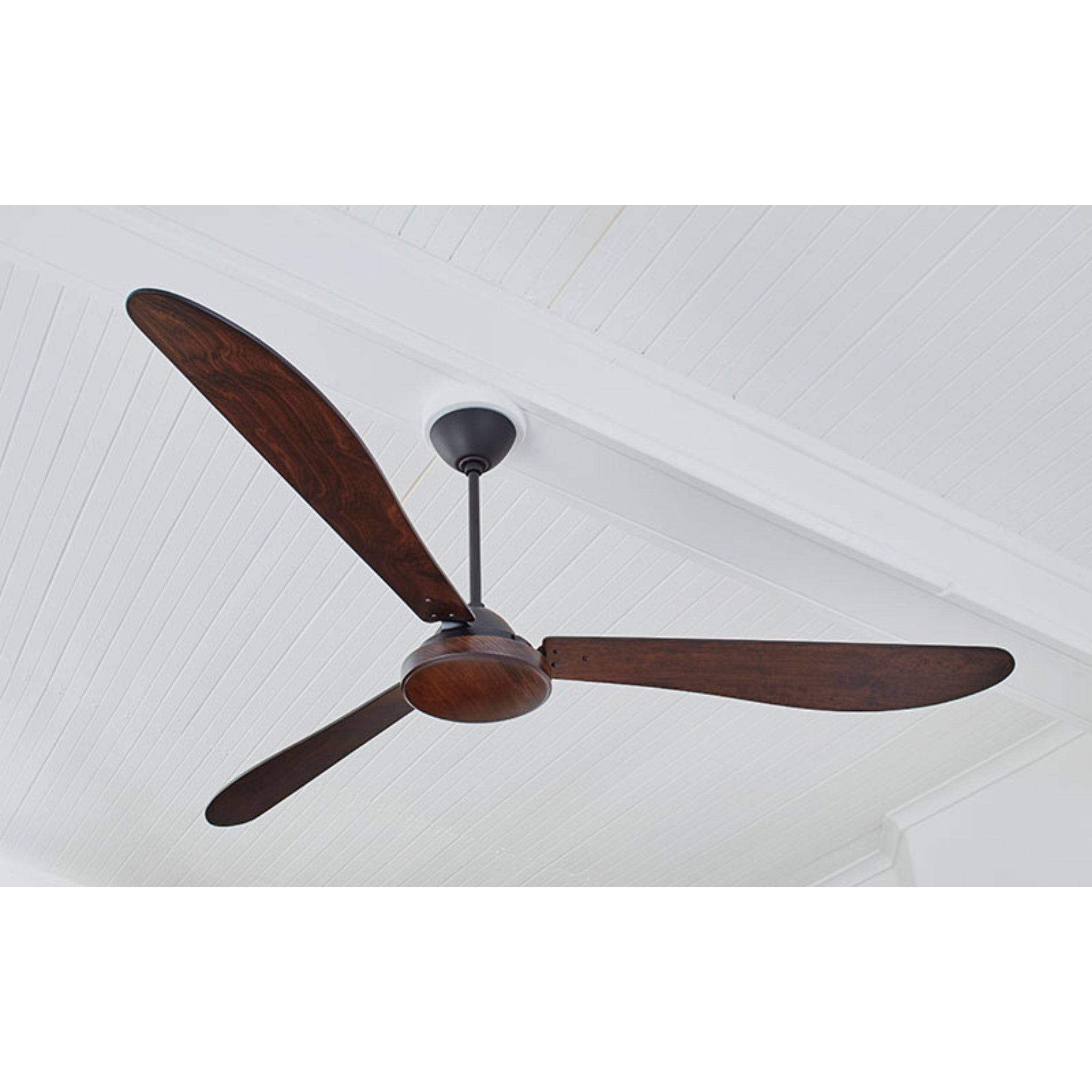 1.8m Paddle Handcrafted Hardwood Ceiling Fan in rich African blackwood, showcasing dark wood blades with sleek black hardware for bold interior design.