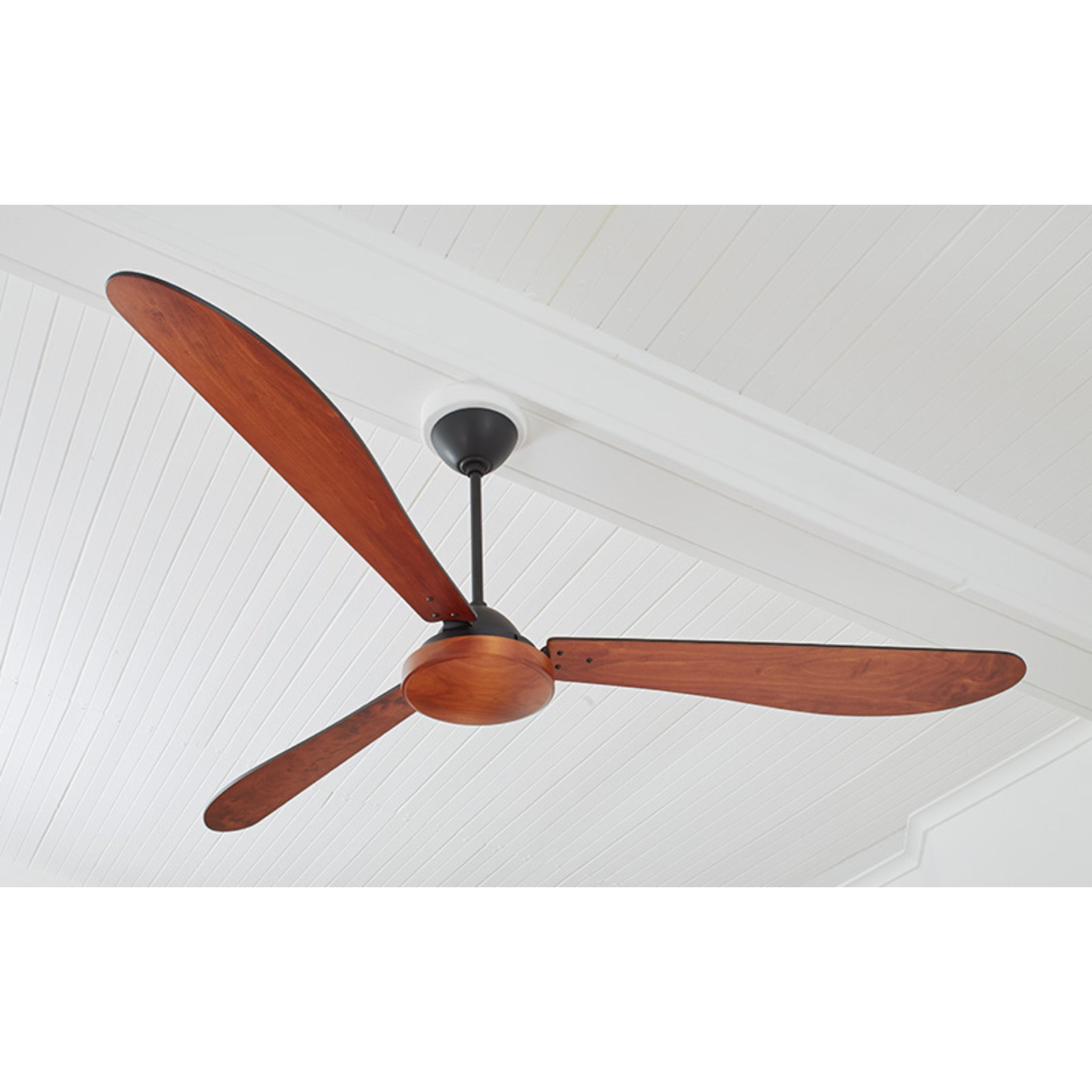 1.8m Paddle Handcrafted Hardwood Ceiling Fan in warm mahogany wood, offering natural reddish-brown tones and classic elegance for traditional or rustic spaces.