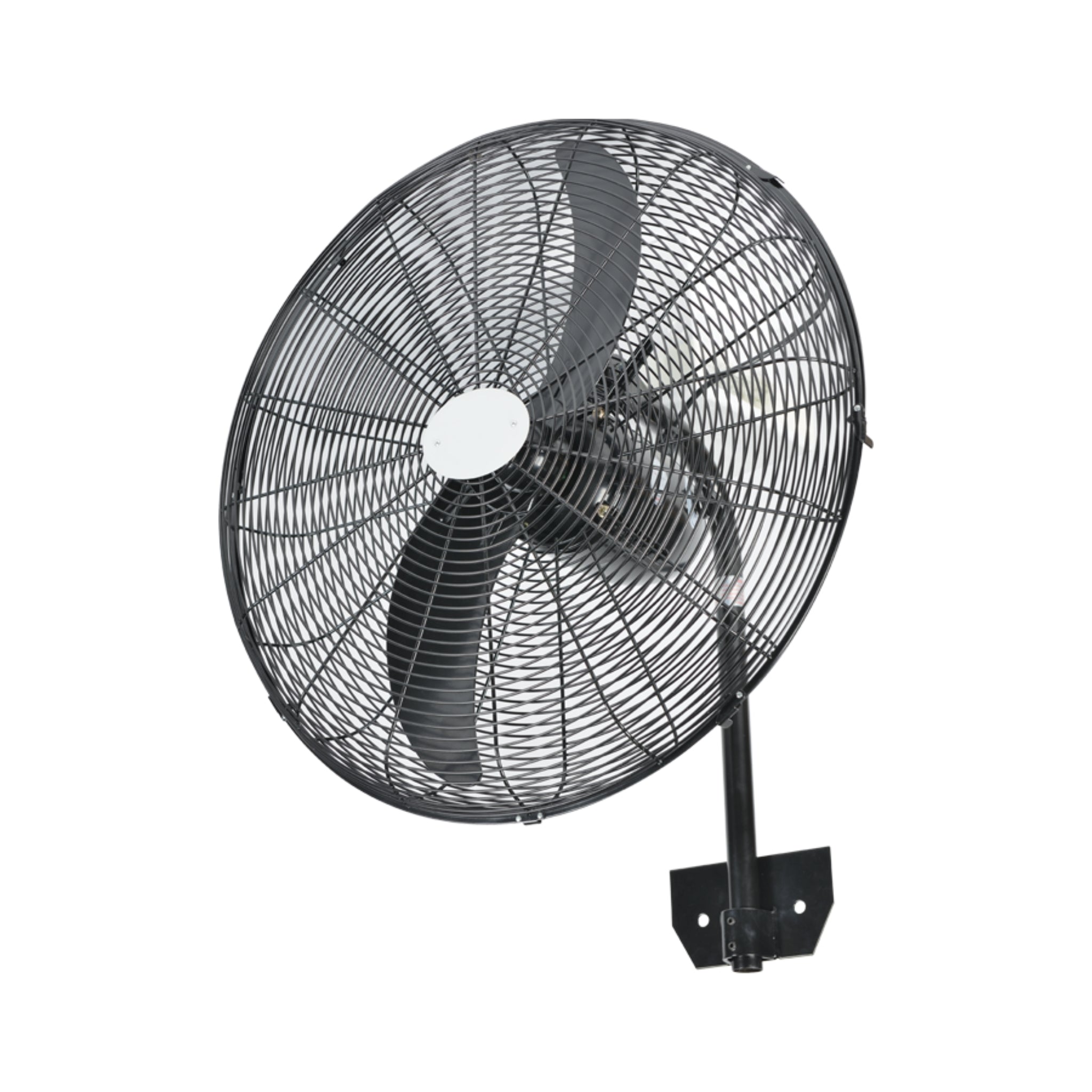Side view of 26-Inch (650mm) industrial wall-mounted fan with wide blade span and secure mounting bracket, built for high-performance airflow and ventilation in commercial warehouses and workshops.