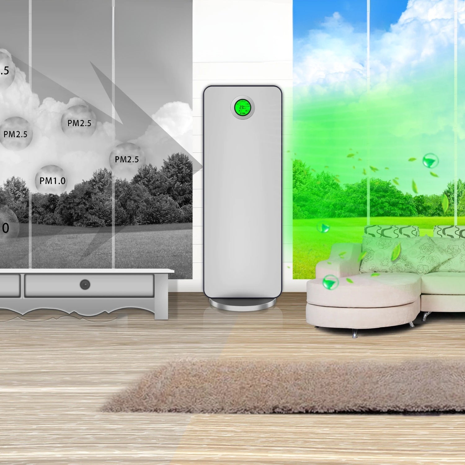 Air X Pro Medical-Grade HEPA Air Purifier rapidly eliminates PM2.5 and PM10 particles from indoor air, transforming polluted gray environments into clean, green, and fresh living spaces with visible air quality improvement.