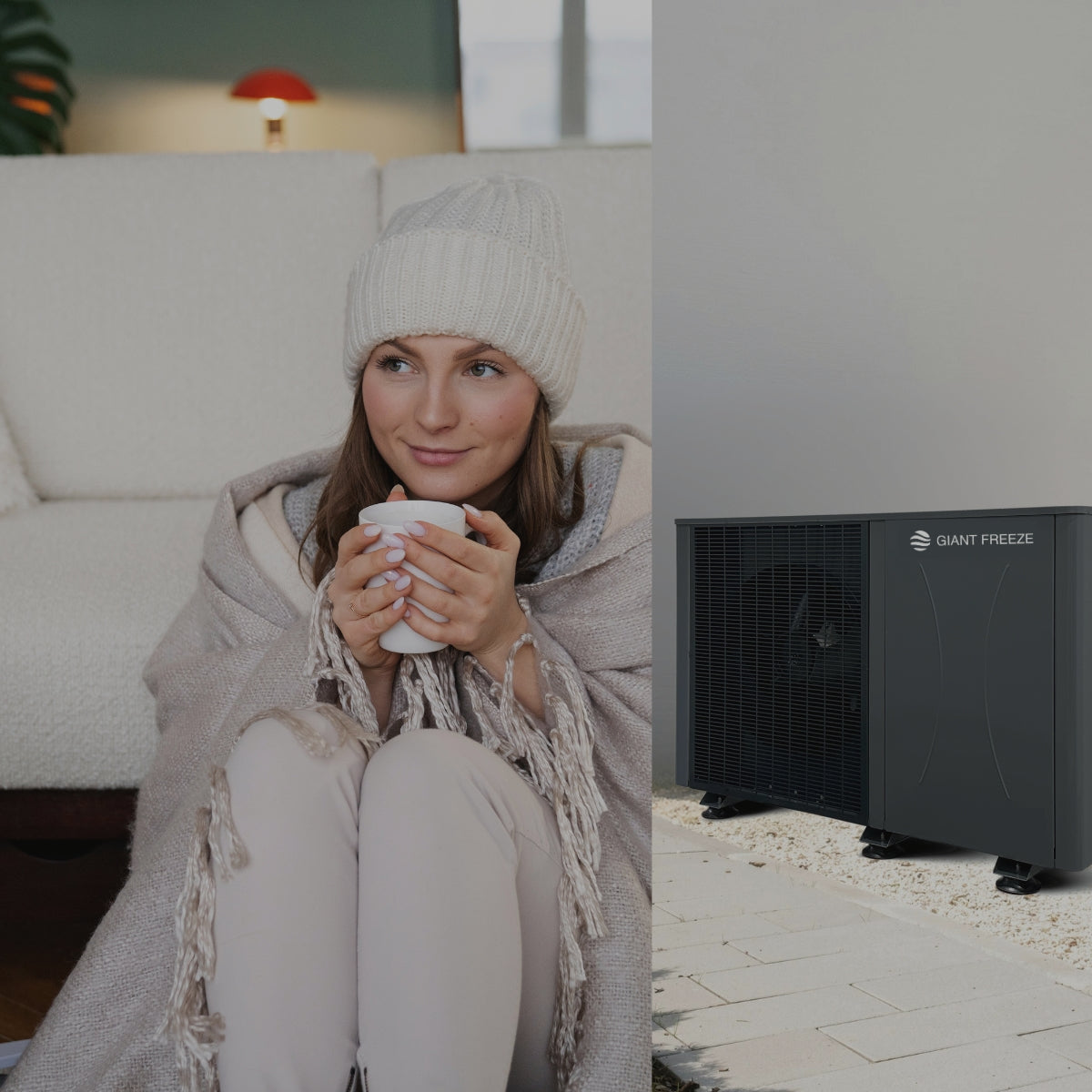 Cozy home with woman enjoying warmth from energy-efficient heating system and domestic hot water heat pump
