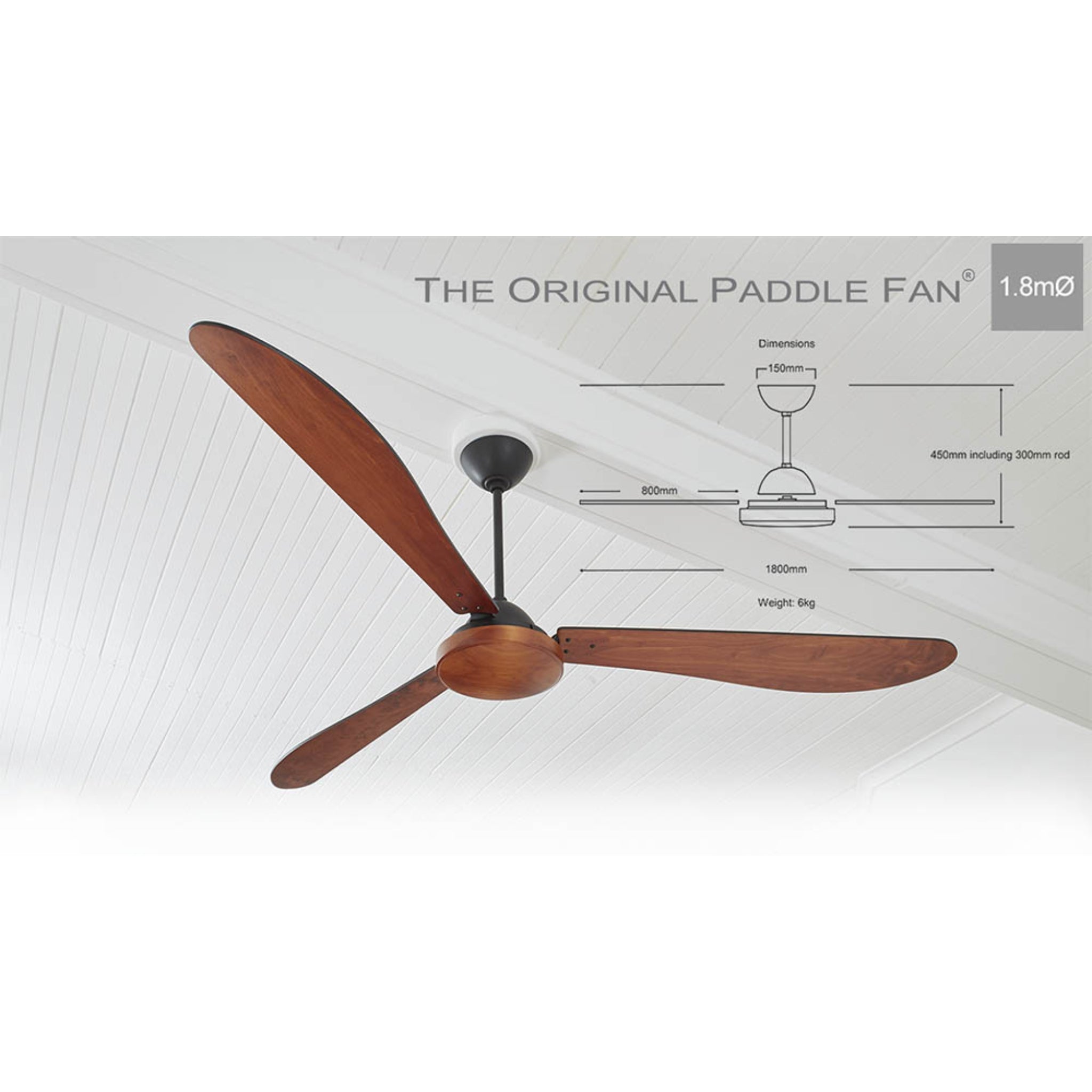 Original Paddle 180cm Handcrafted Hardwood Ceiling Fan