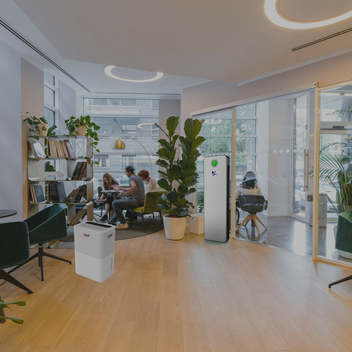 Modern office space with air purifier and dehumidifier for air treatment and improved indoor air quality