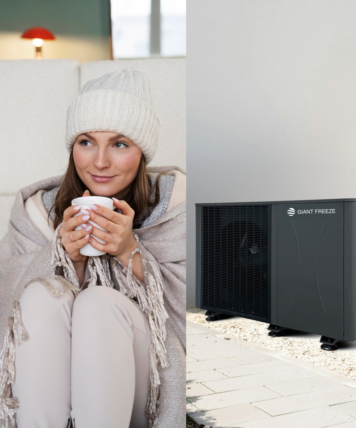 Woman wrapped in a blanket and drinking from a mug, sitting indoors next to a Giant Freeze EcoPump heat pump, symbolizing efficient and reliable home heating.