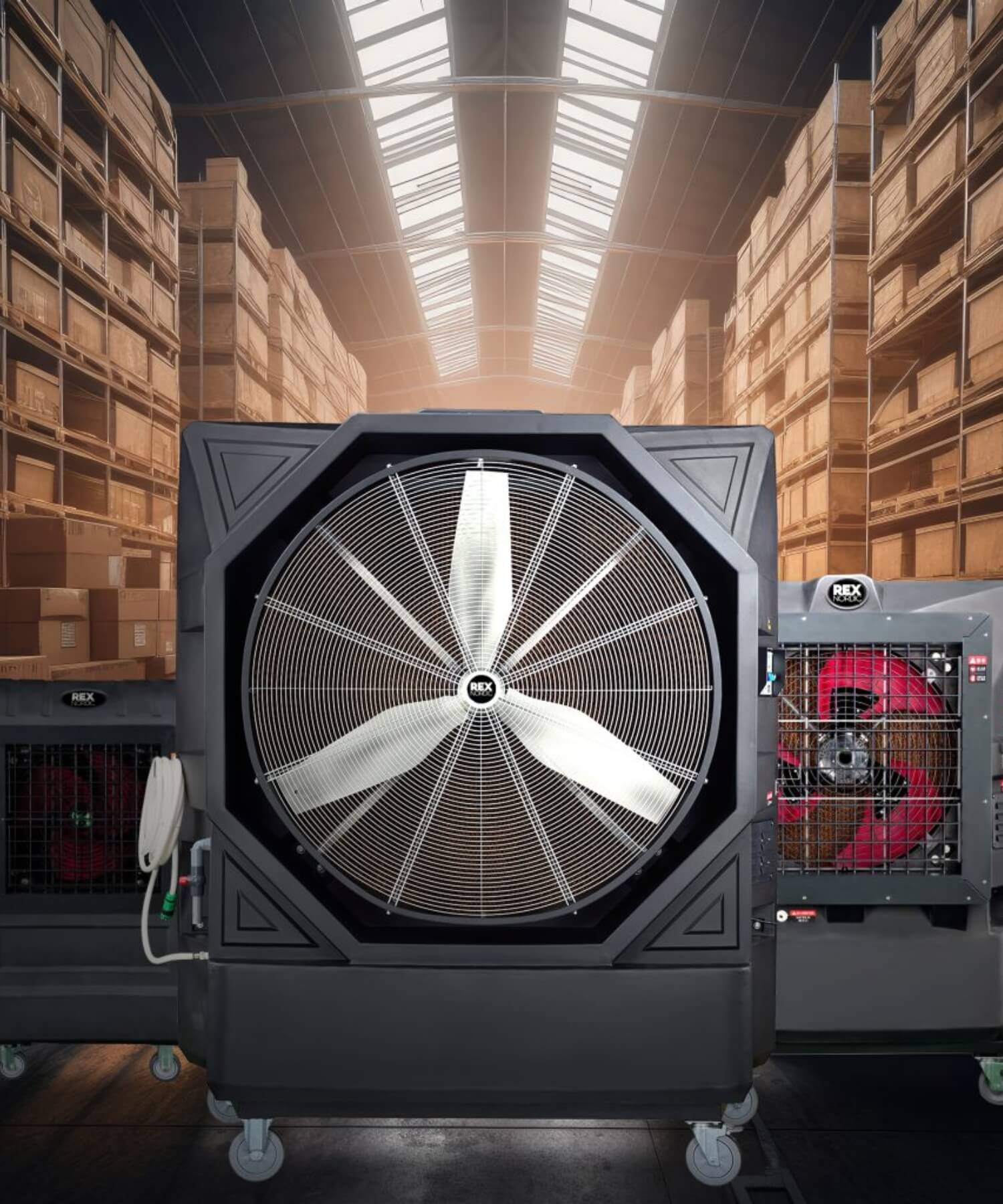 Commercial evaporative coolers in a warehouse setting