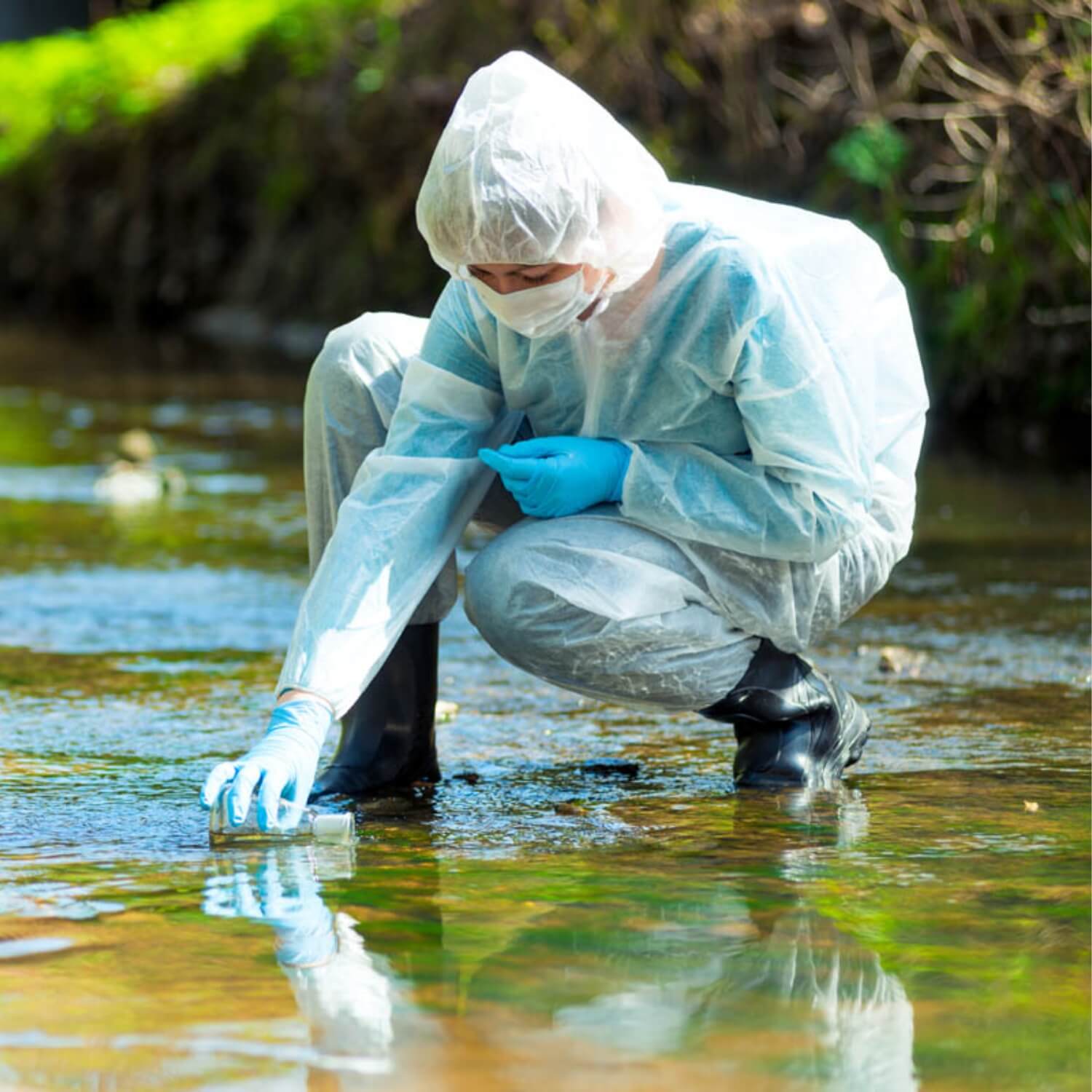 Women collecting water samples representing the impact of refrigerants that contain PFAS (commonly referred to as forever chemicals) on waterways